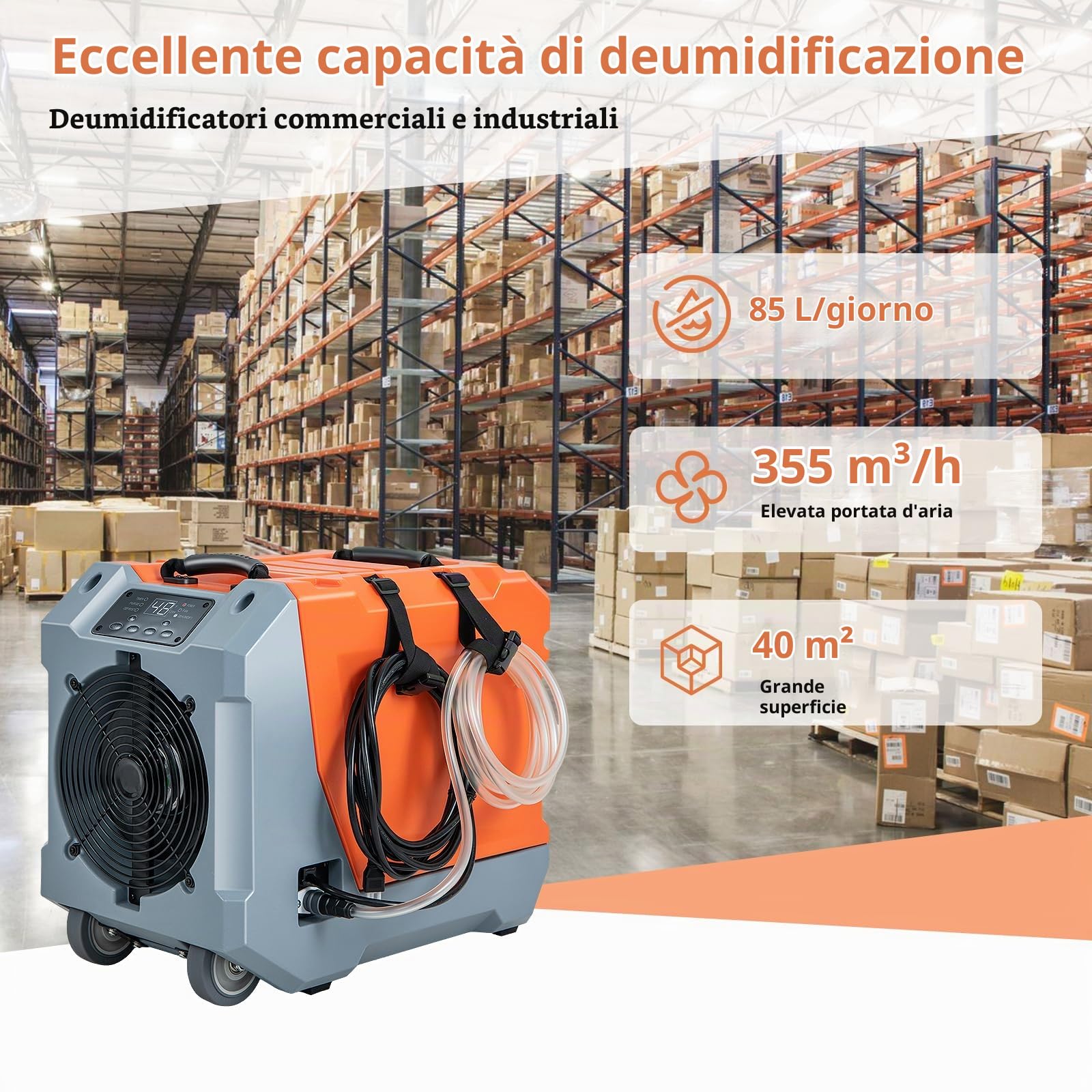 SOARS Deumidificatore Elettrico 85L/Giorno, Deumidificatore Industriale Professionale con Pompa di Scarico Automatica, Tubo di Scarico, Timer 24 Ore, per Cantine, Fabbriche, Magazzini (Arancione)