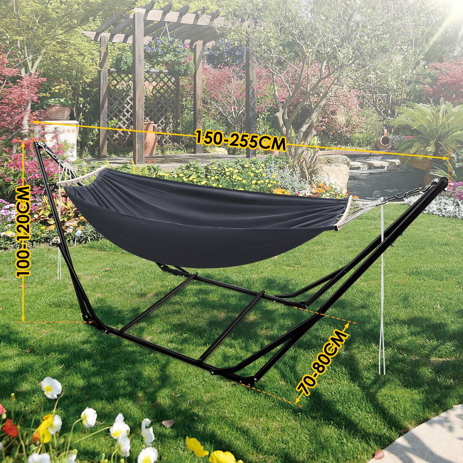 Hamaca con estructura plegable para jardín, estructura de metal para exteriores, con bolsa de transporte, estructura de metal de hasta 150 kg, para camping, jardín, piscina, balcón