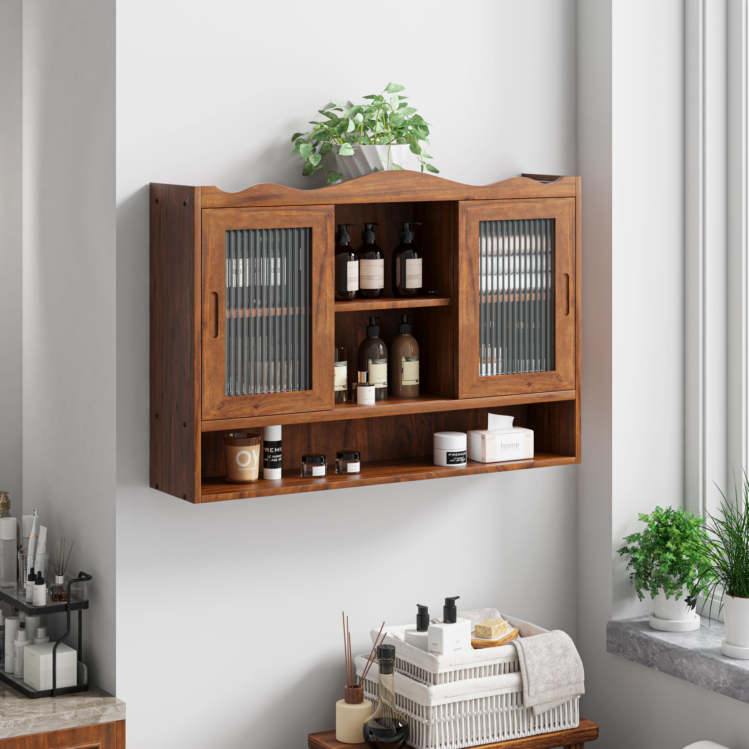 Vetrina sospesa da 90 cm, pensile da cucina, shabby chic, con 2 ante e tre ripiani, pensili da cucina, adatto per bagni, cucine e sala da pranzo (marrone)