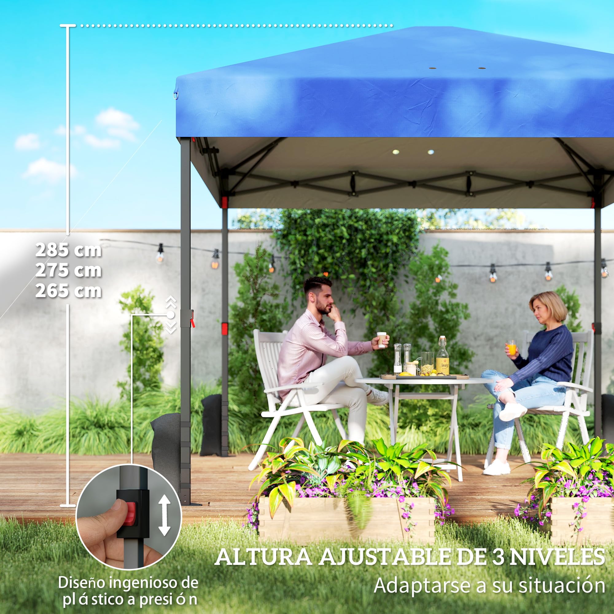 Outsunny Carpa Plegable 3x3 m Pop-up con 3 Paredes Laterales UPF50+ Azul | Cenador Pabellón de Jardín, 2 Ventanas Malla, Altura Ajustable 3 Niveles, Bolsa Transporte, Sacos Arena, Gazebo Exterior