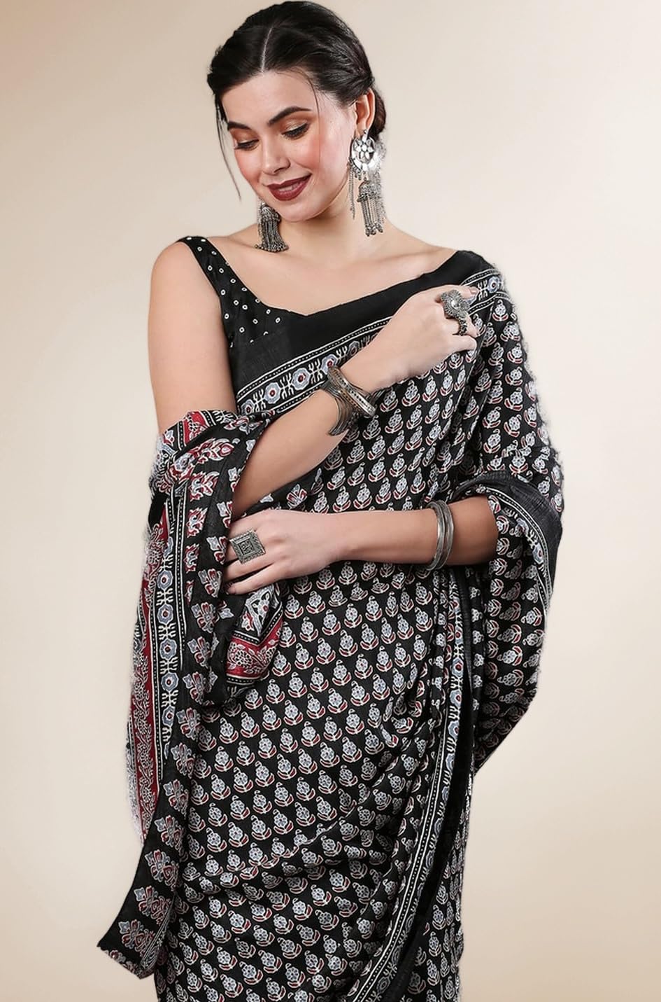 Women's Ajrak Block Print Dola Silk Saree With Unstitched Blouse Piece