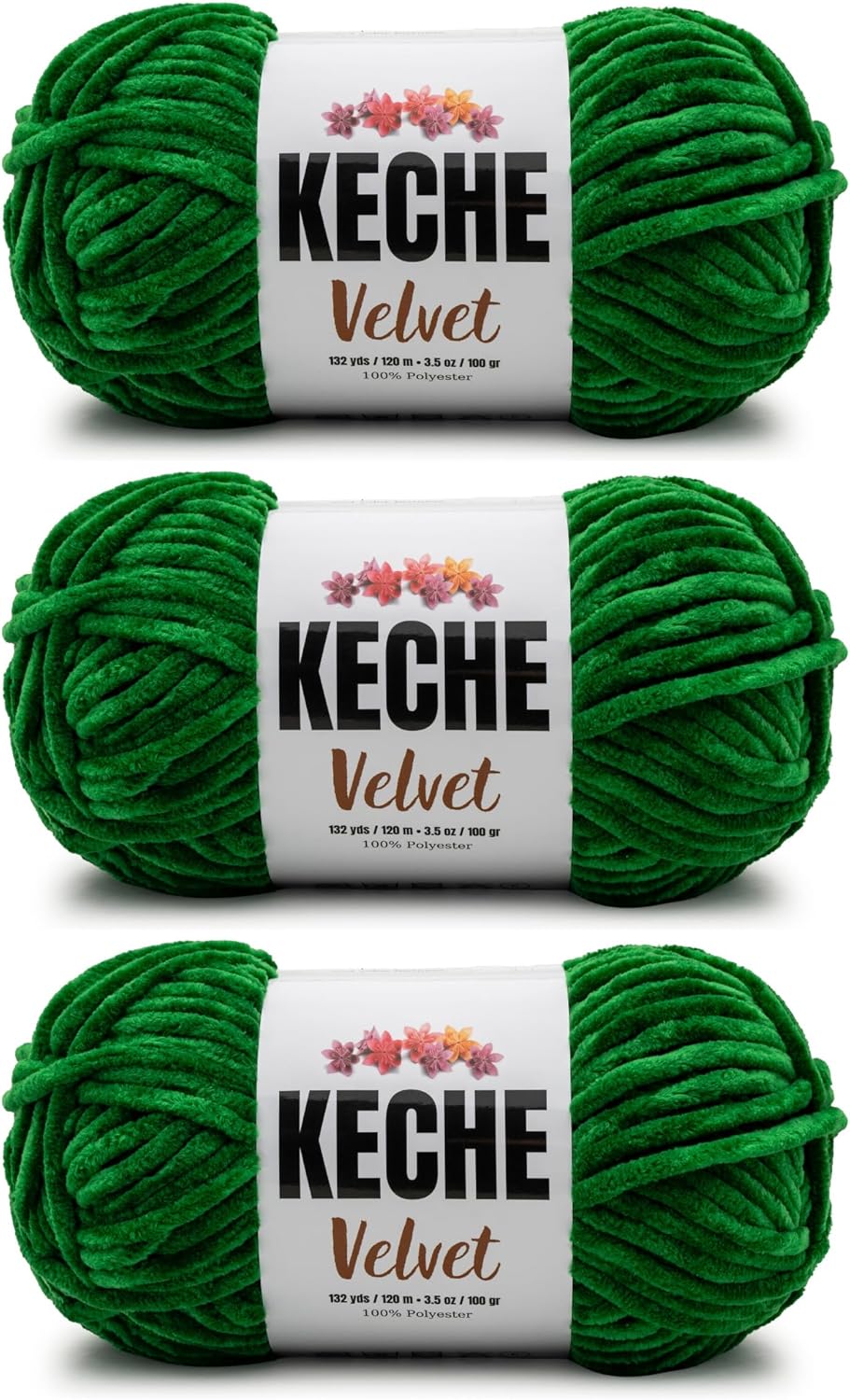 Keche Velvet Yarn for Crocheting, Soft Chenille Bulky Baby Blanket Amigurumi Yarn 3x100 gr (3x132 yds) (3- Skeins) - Green