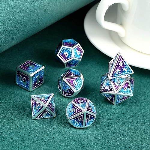 Miniatura 10 de DNDND - Dados de metal a rayas, dados DND de rayas metálicas con purpurina y caja de metal de regalo para juego de mesa de Calabozos y Dragones