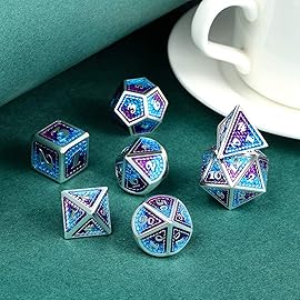 Dragon Scale Metal Dice Set D&D, DNDND 7 PCS Metallic Dungeons and Dragons with Gift Metal Case DND Dice (Blue and Purple with Silver Edge)
