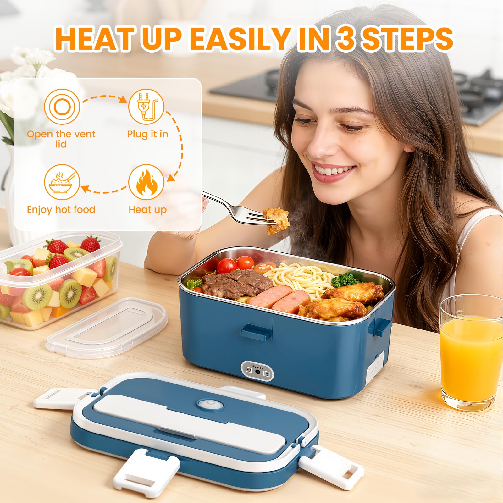 AOKBON 100W Fiambrera Electrica Trabajo 1.8L 12V/24V/220V Taper Electrico Portatil para comida con Bolsa Térmica y Cubiertos-Acero Inoxidable para Coche Camión y Trabajo 12 — view 4