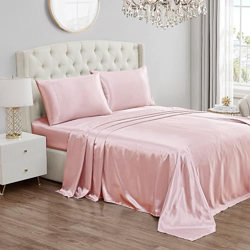 Juicy Couture Queen Size Satin Bed Sheet Set, Deep Pocket Silky Satin Queen Sheet Set with 1 Fitted Sheet, 1 Flat Sheet and 2 Pillow Case, Wrinkle Resistant and Anti Pilling - Pink - Queen - 4 Piece Set - Pink
