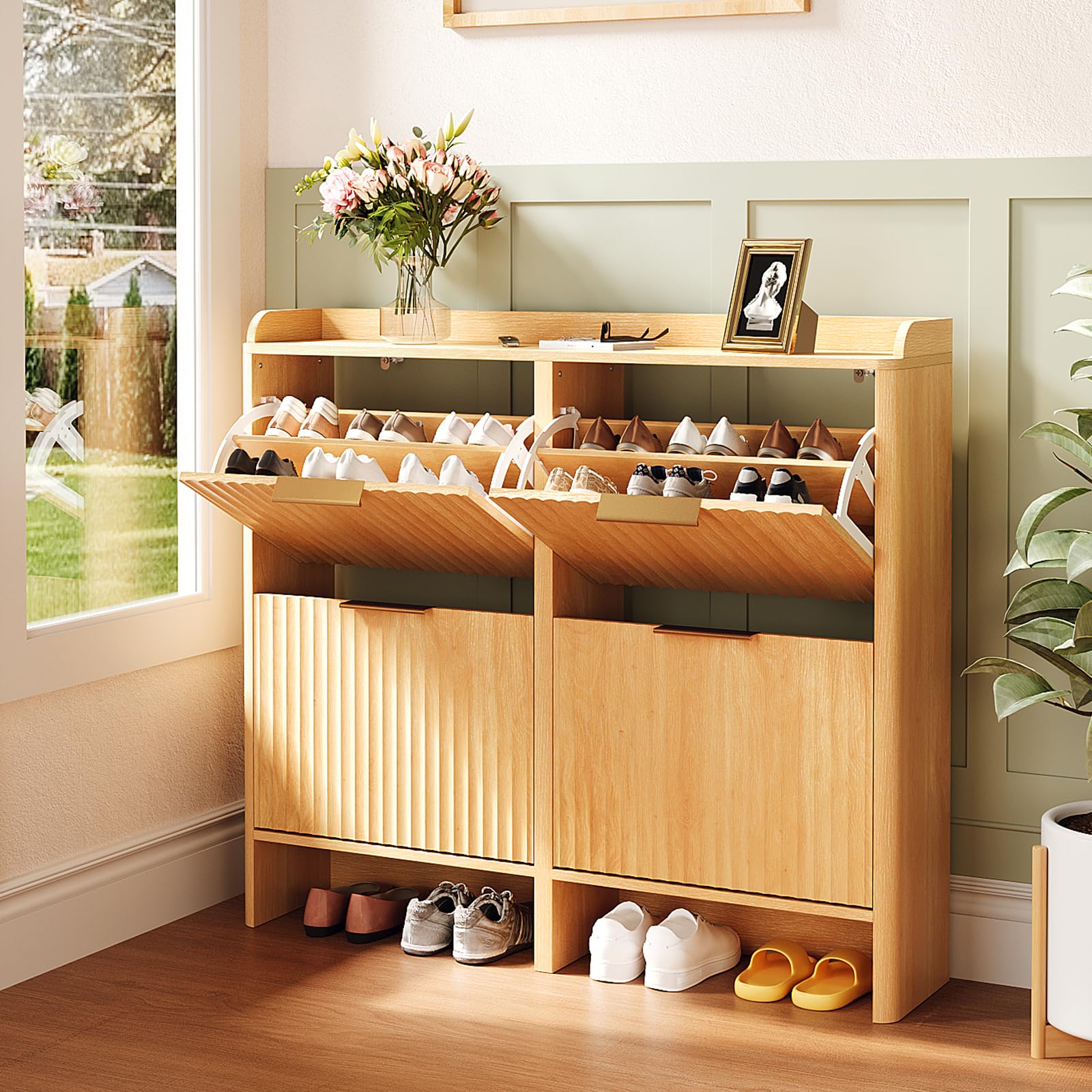 VINGLI Shoe Cabinet, Wooden Look Shoe Storage Cabinet for Hallway(Oak)
