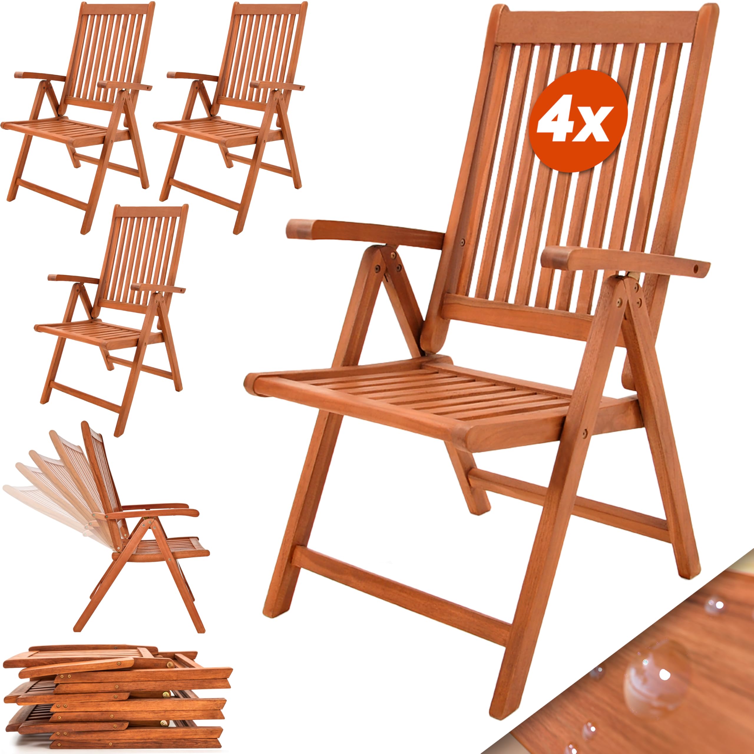 CASARIA® 4x Vanamo High Back Wooden Garden Chairs | FSC®-Certified Eucalyptus | 5 Position Backrest | 160kg Capacity | Folding Armchairs | Outdoor Dining | Wood Patio Furniture Set