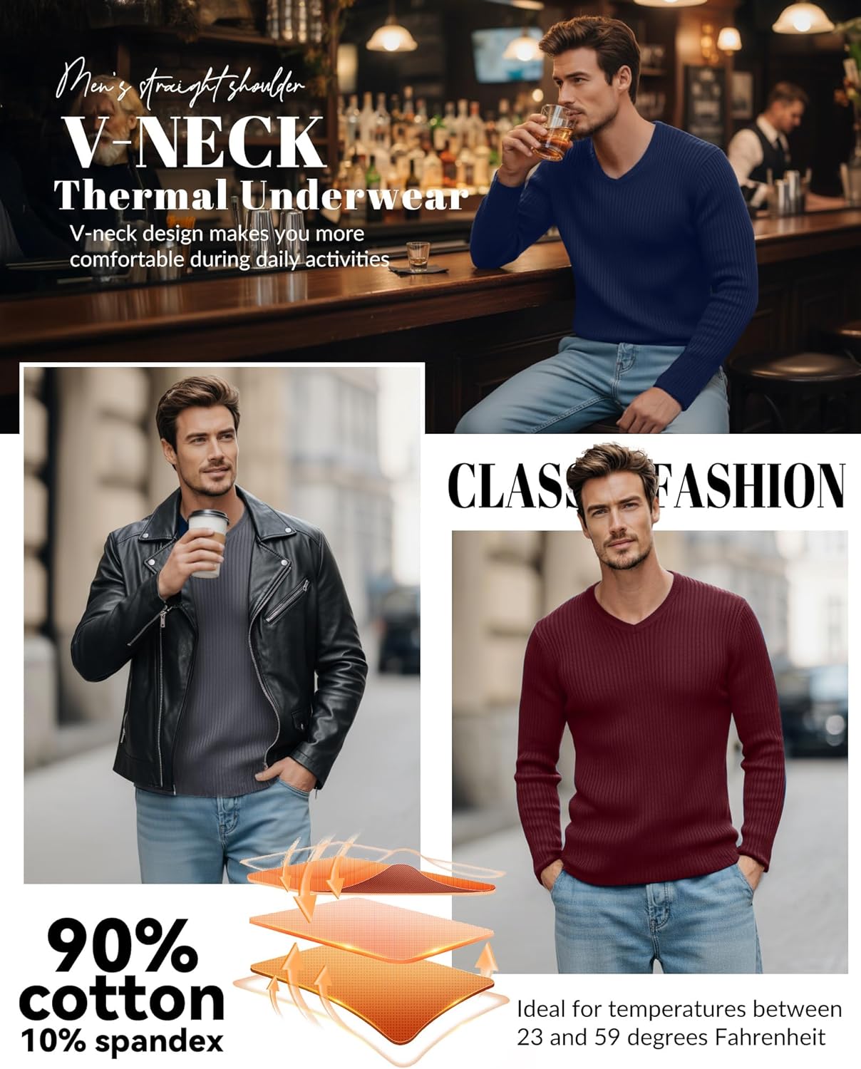 5 Pack Men's Ribbed Thermal Shirts Cotton Long Sleeve V Neck Tops Slim Fit Pullover Undershirt Winter Base Layer - Image 4