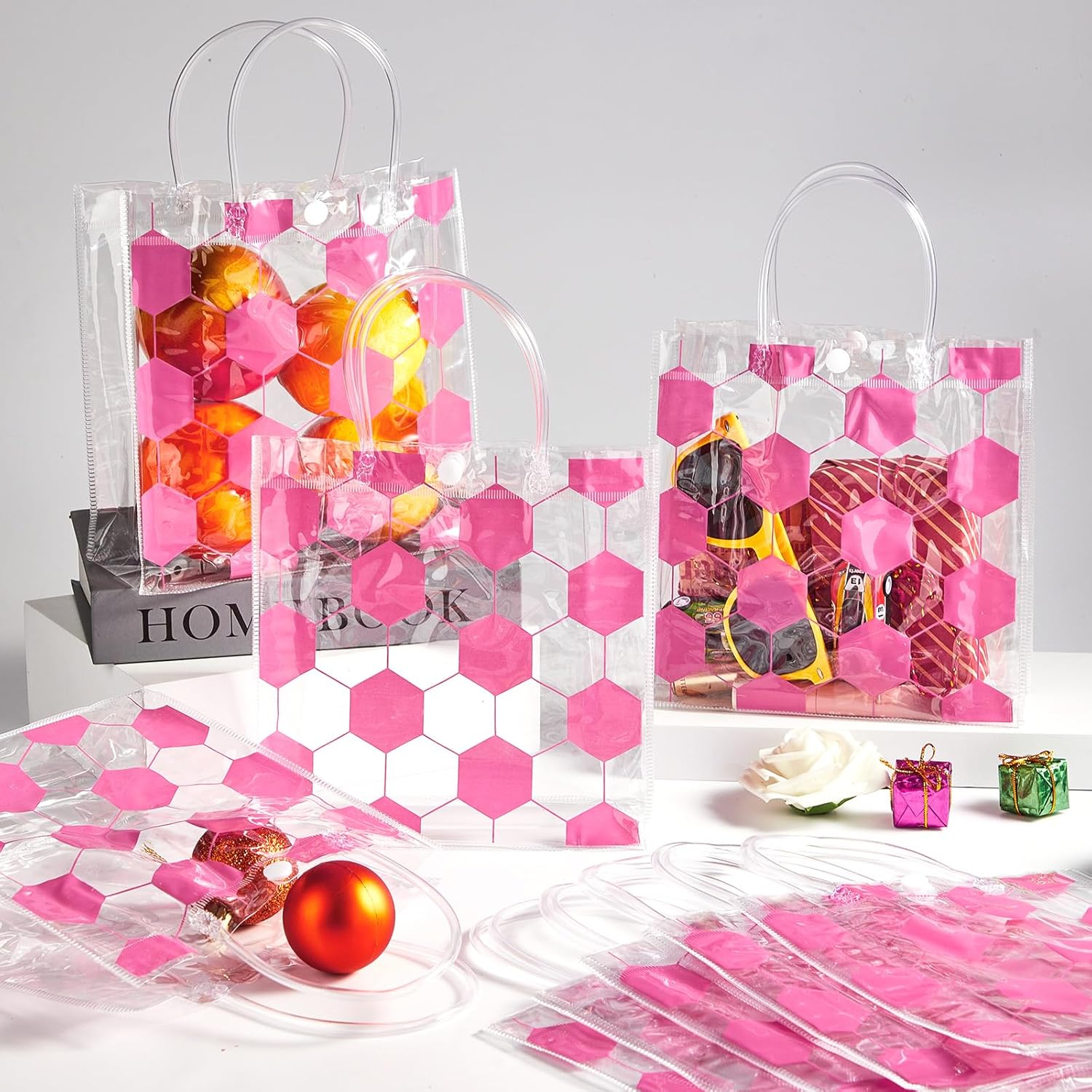 24Pcs Pink Soccer Clear PVC Gift Bags with Handles Bulk Sport Theme Goodie Treat Candy Bags Team Present Wrap Tote handbags for Boys Girls Birthday Party Favor Baby Shower Decorations Supplies - Image 4