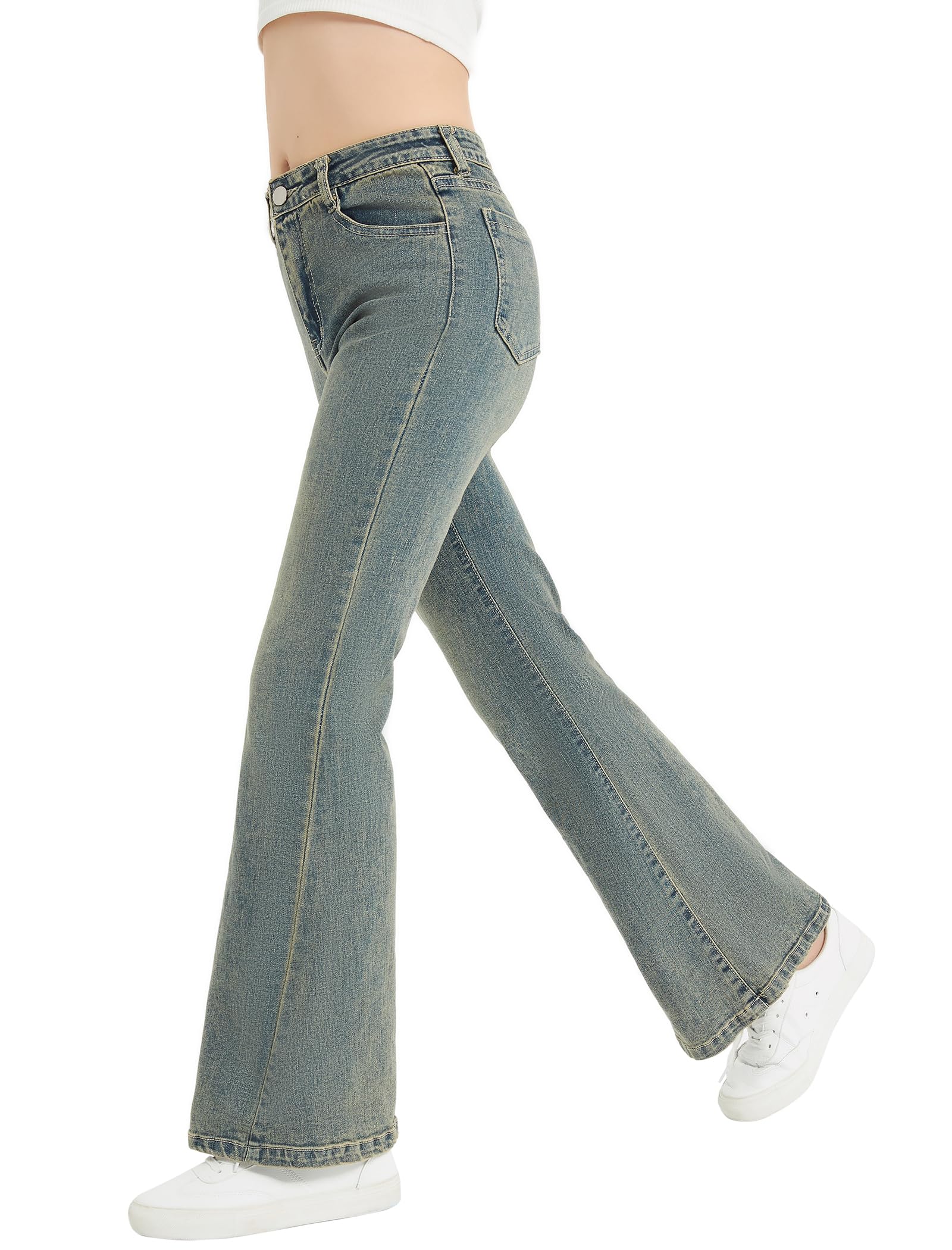 EXARUS Mädchen-Schlag-Jeans, Glockenunterteil, Denim-Hose, ausgestellt, gerissen, niedlich, Bootcut, mittelhohe Taille, elastische Taschen, Kinder