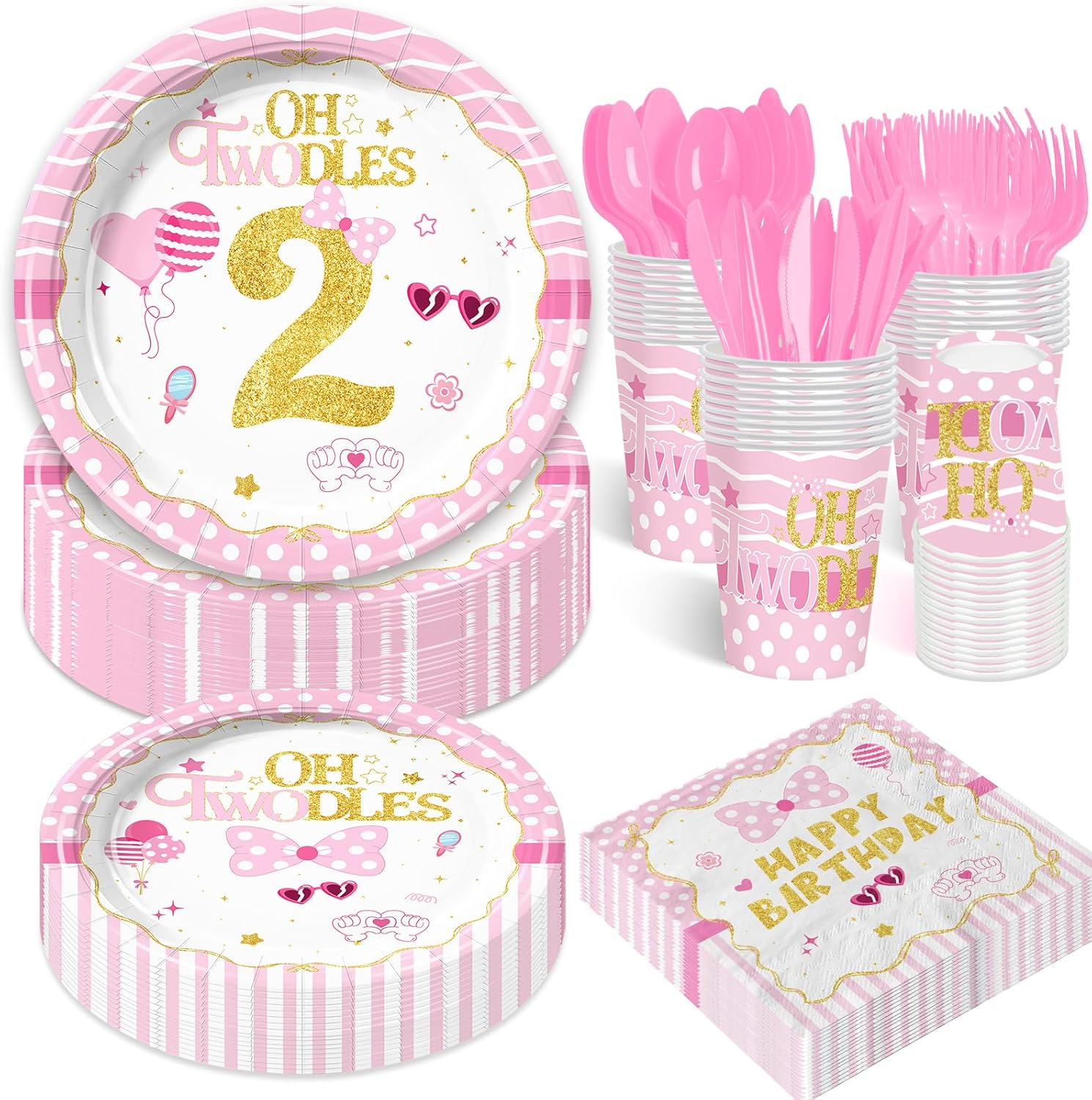 168Pcs Oh Twodles Birthday Party Decorations Pink Mouse 2nd Birthday Paper Dessert Plates Napkins Cups Set for Girls Two Years Old Bday Party Supplies Serves 24