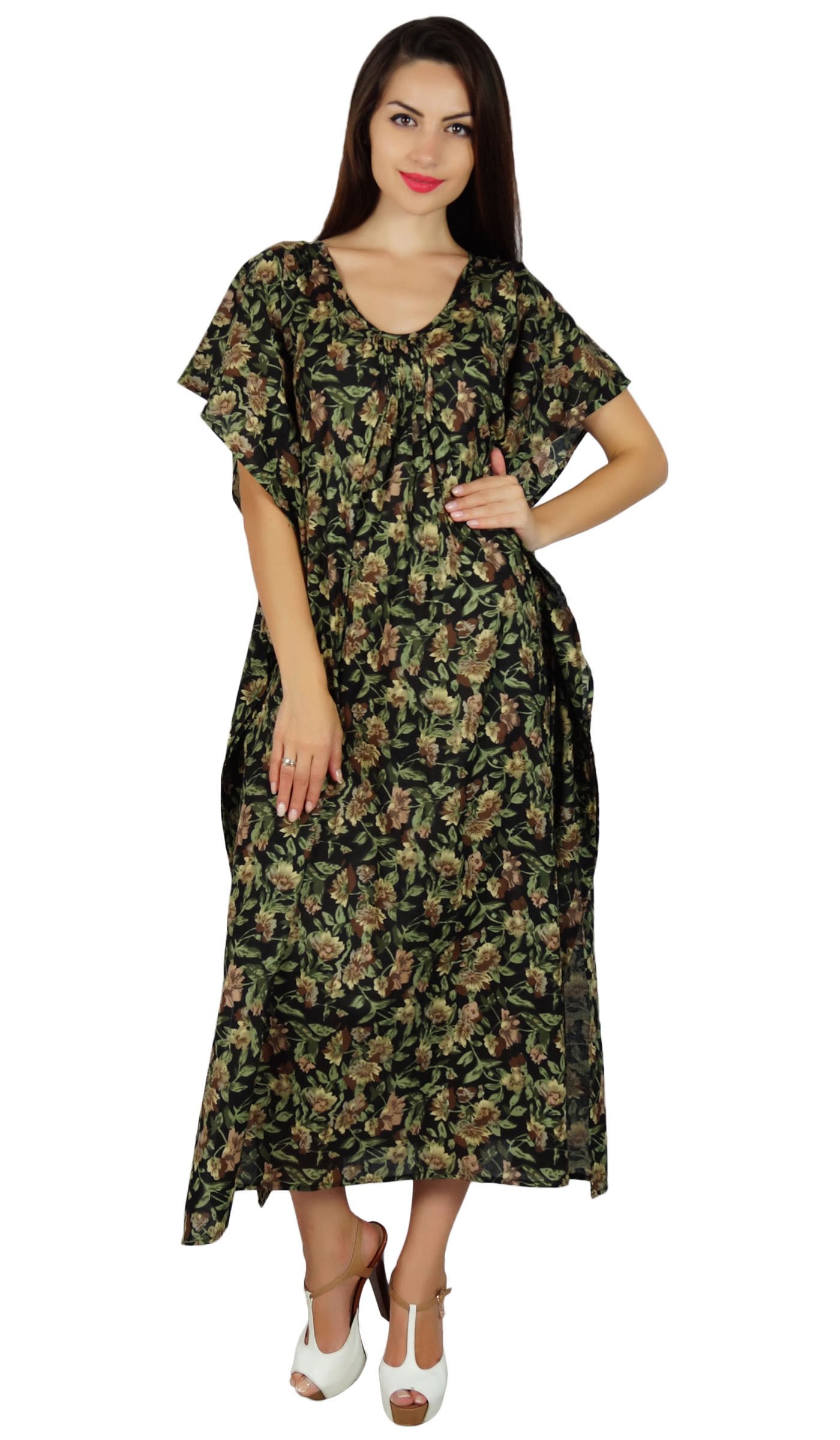 Bimba Women Long Printed Maxi Kaftan Cotton Night Wear Caftan Gown Coverup Dark Green