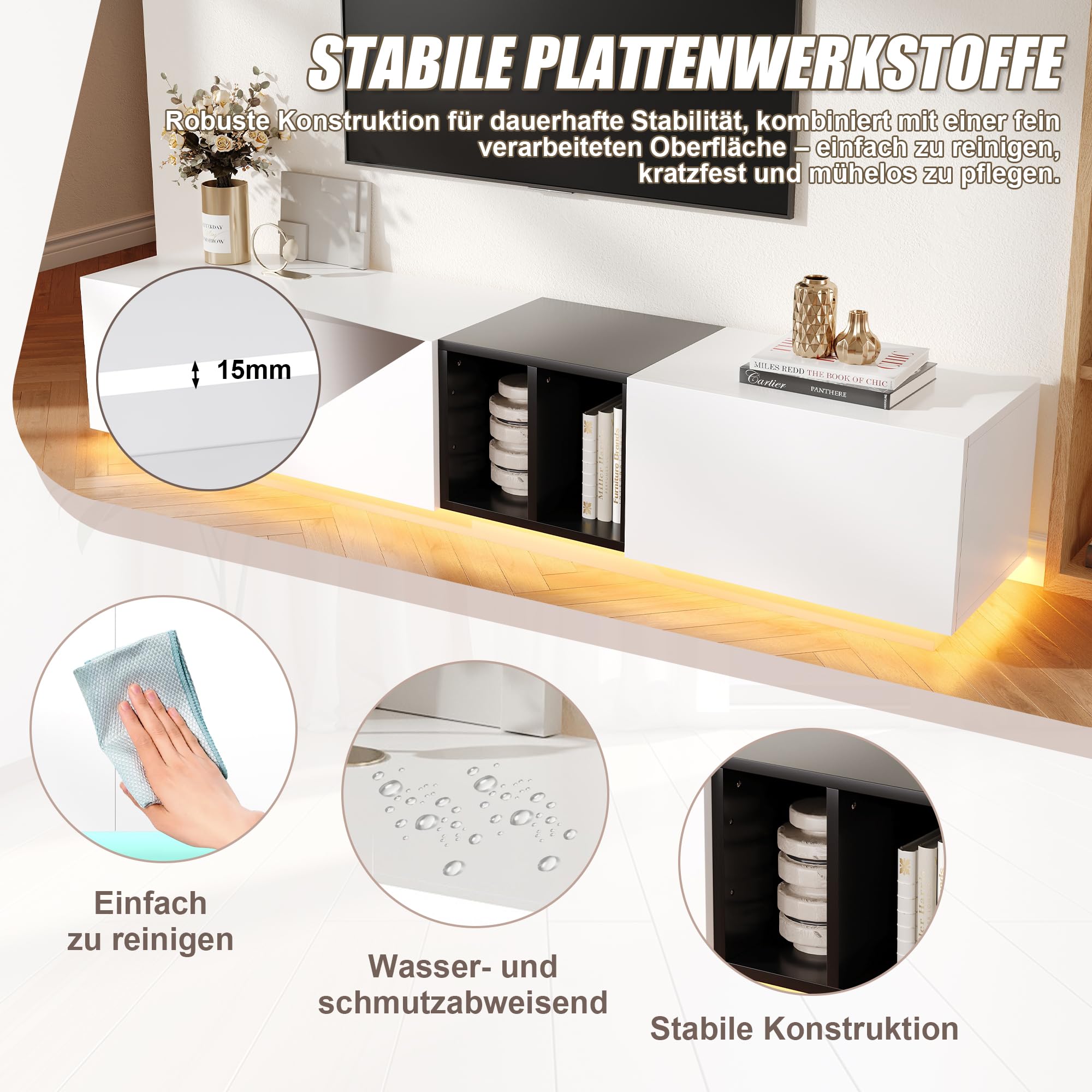Azkoeesy Mueble de TV con iluminación LED de 190 cm, con cajón y puerta de armario, mueble de TV para salón, color blanco y negro (190 x 40 x 35 cm)