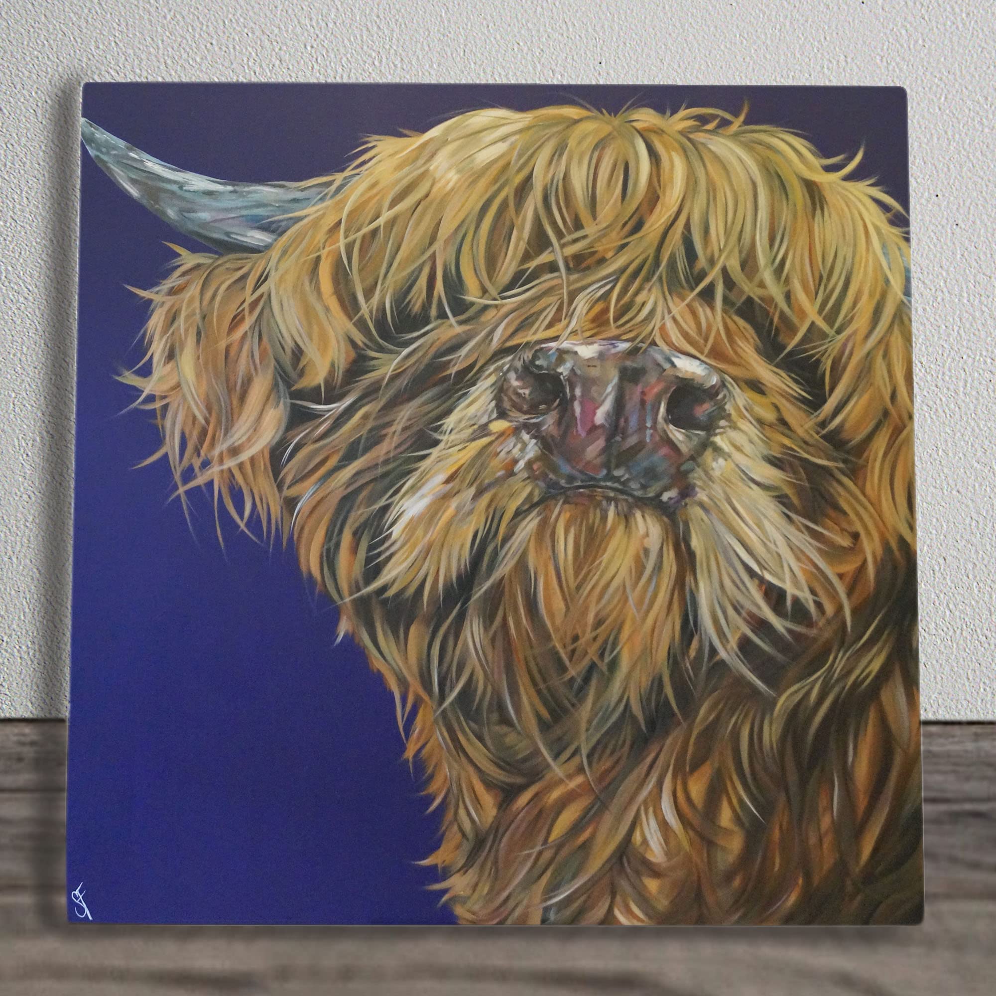 Purple, Yellow, Orange, Brown Mr Mcwhiskers Artwork By Sam Fenner On A Wall Hanging Ceramic Picture Tile