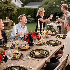 WELLIFE 350PCS Black and Gold Plastic Plates - Plastic Dinnerware Set for 50 Guests,Include 50 Dinner Plates, 50 Dessert Plates, 50 Black Cups 9 OZ, 50 Pre Rolled Napkins with Gold Silverware