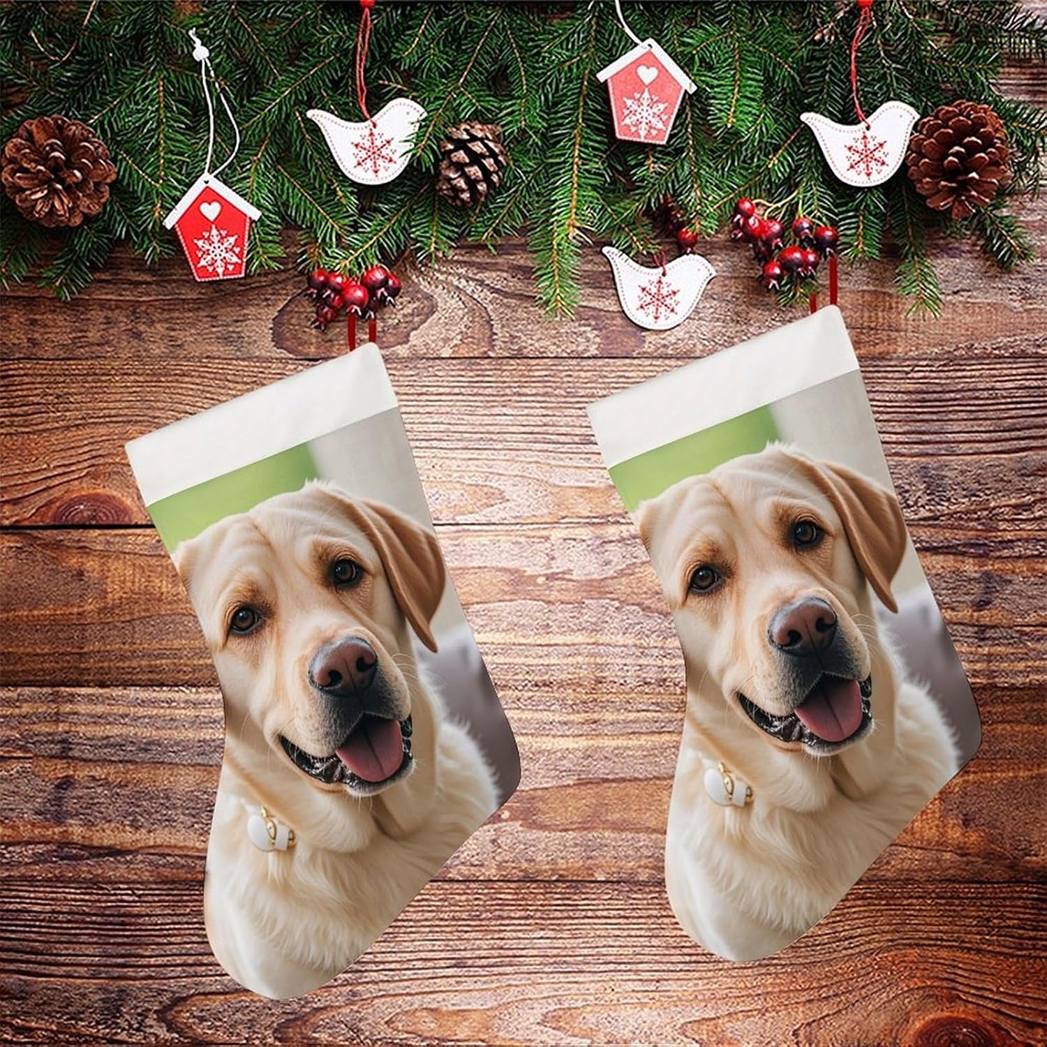 Cute Labrador Dog Christmas Stockings with 10.2 Inch Plush Cuff - 16.5 Inch Large Xmas Stockings for Fireplace Hanging, Traditional Holiday Decor for Family Christmas Party