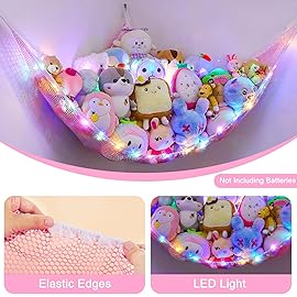 Unicorn Castle Stuffed Animals Net or Hammock Kids Toy Storage Organizer with LED Light Hanging Corner Stuffed Animals Holder Kids Girls Room Decor,Pink,Large (Pack of 1)