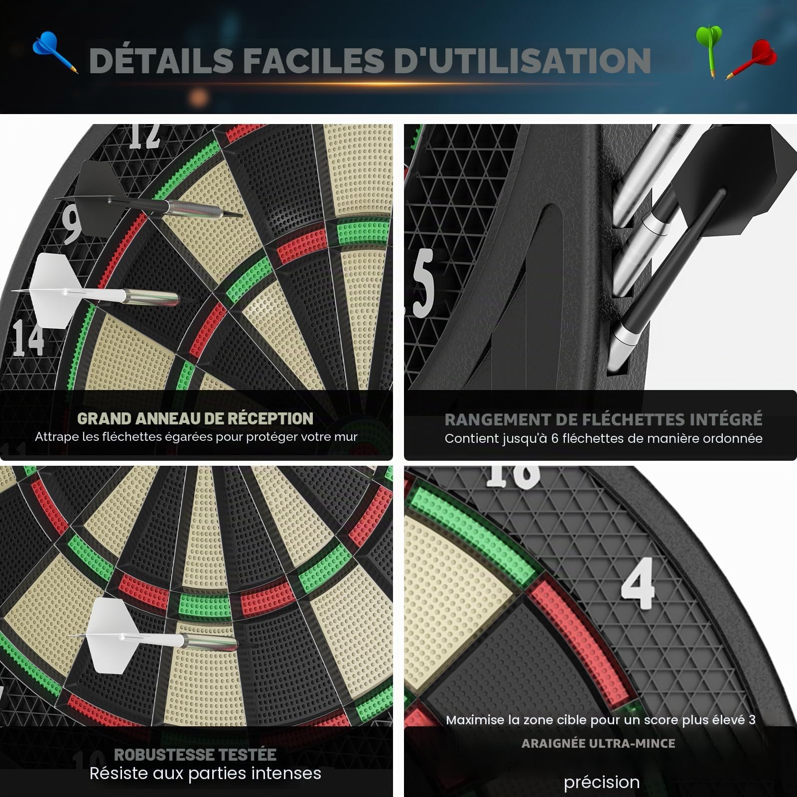 Cible de Fléchettes Électronique Professionnelle avec 6,33 Jeux & 271 Options, Écran LCD, 8 Joueurs Max