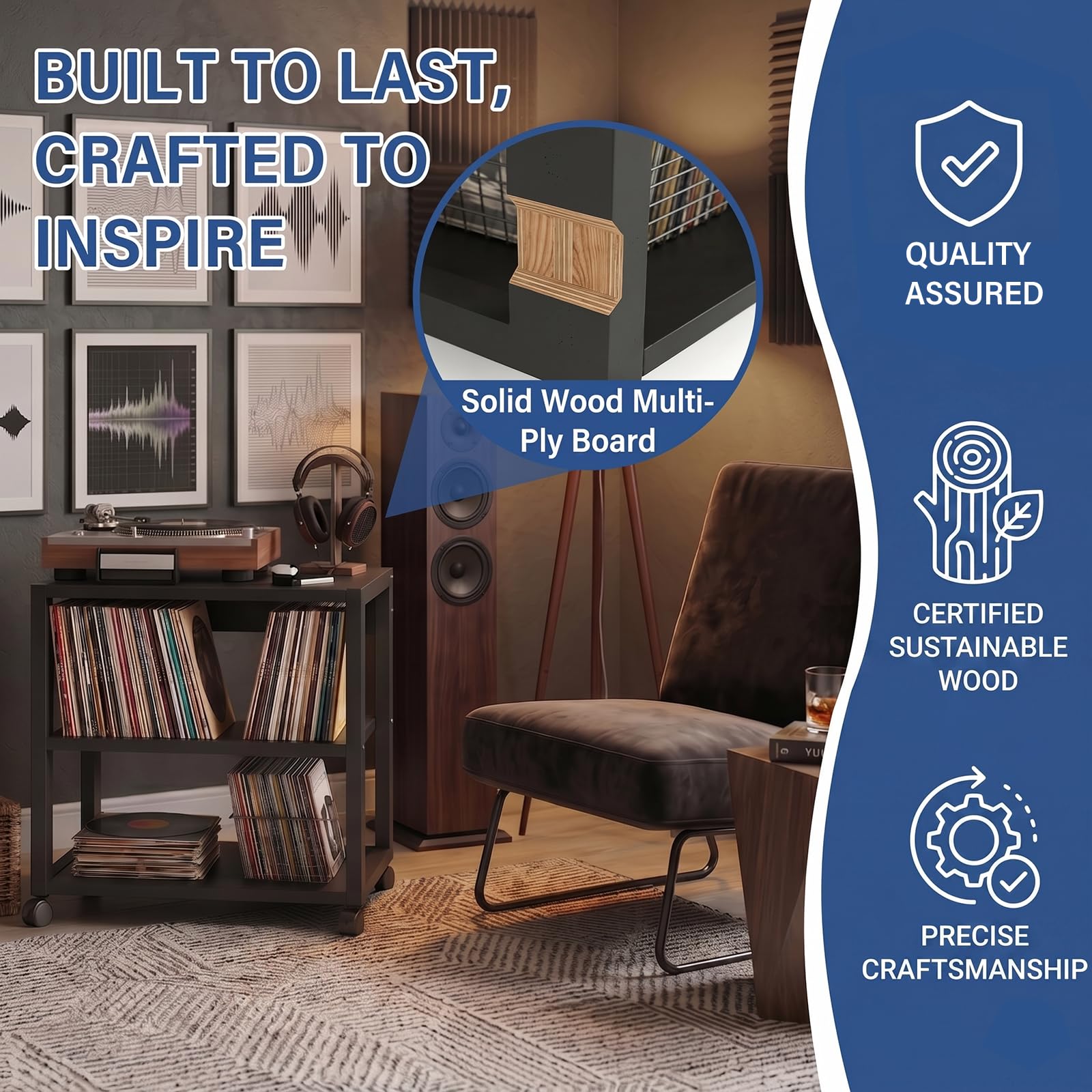 Phonoschrank auf Rollen, Plattenspieler Regal mit 3 Ablagen für Schallplatten, Kompakter HiFi Schrank für Wohnzimmer und Büro, Schwarz, 50x40x48.5cm