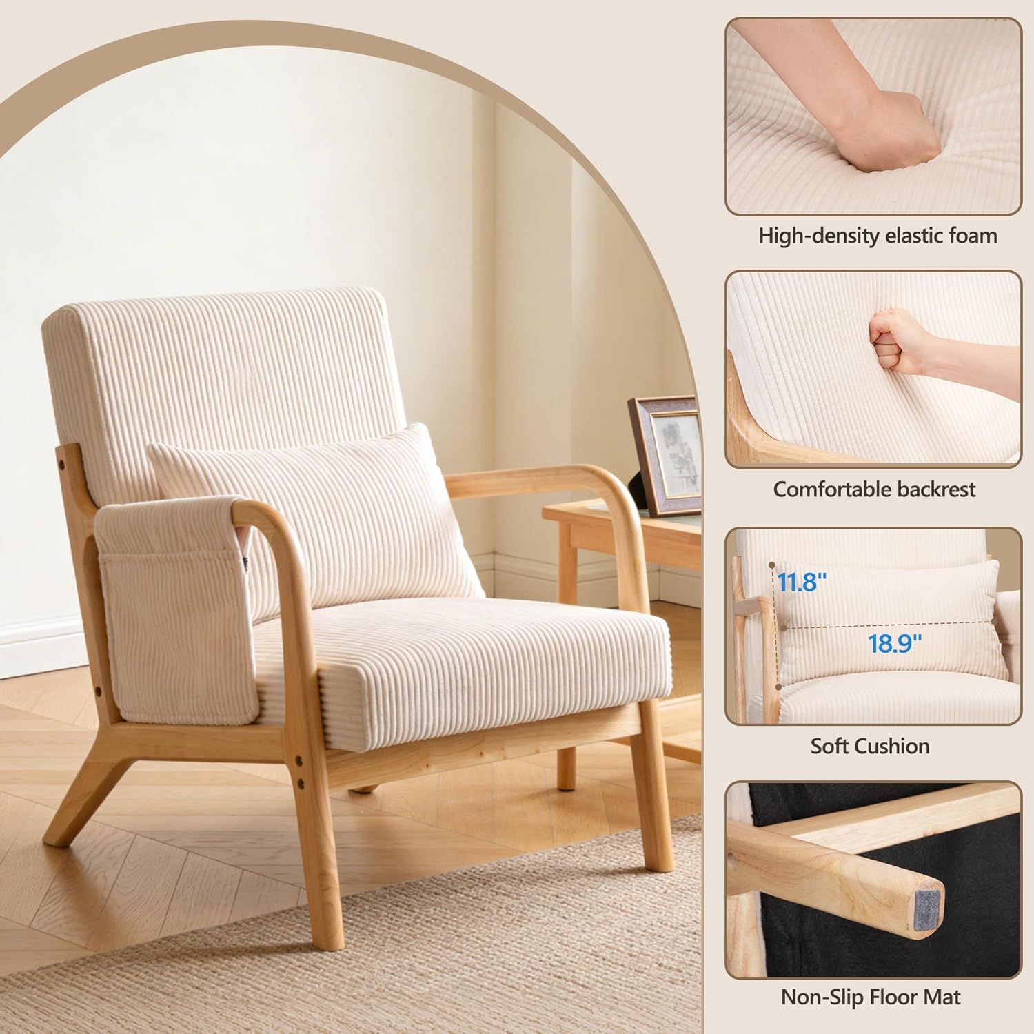 Accent Chair Mid Century Modern Chair with Side Storage Pocket, Upholstered Living Room Chairs Armchair Lumbar Cushion & Solid Wood Frame for Bedroom, Easy Assembly, Beige