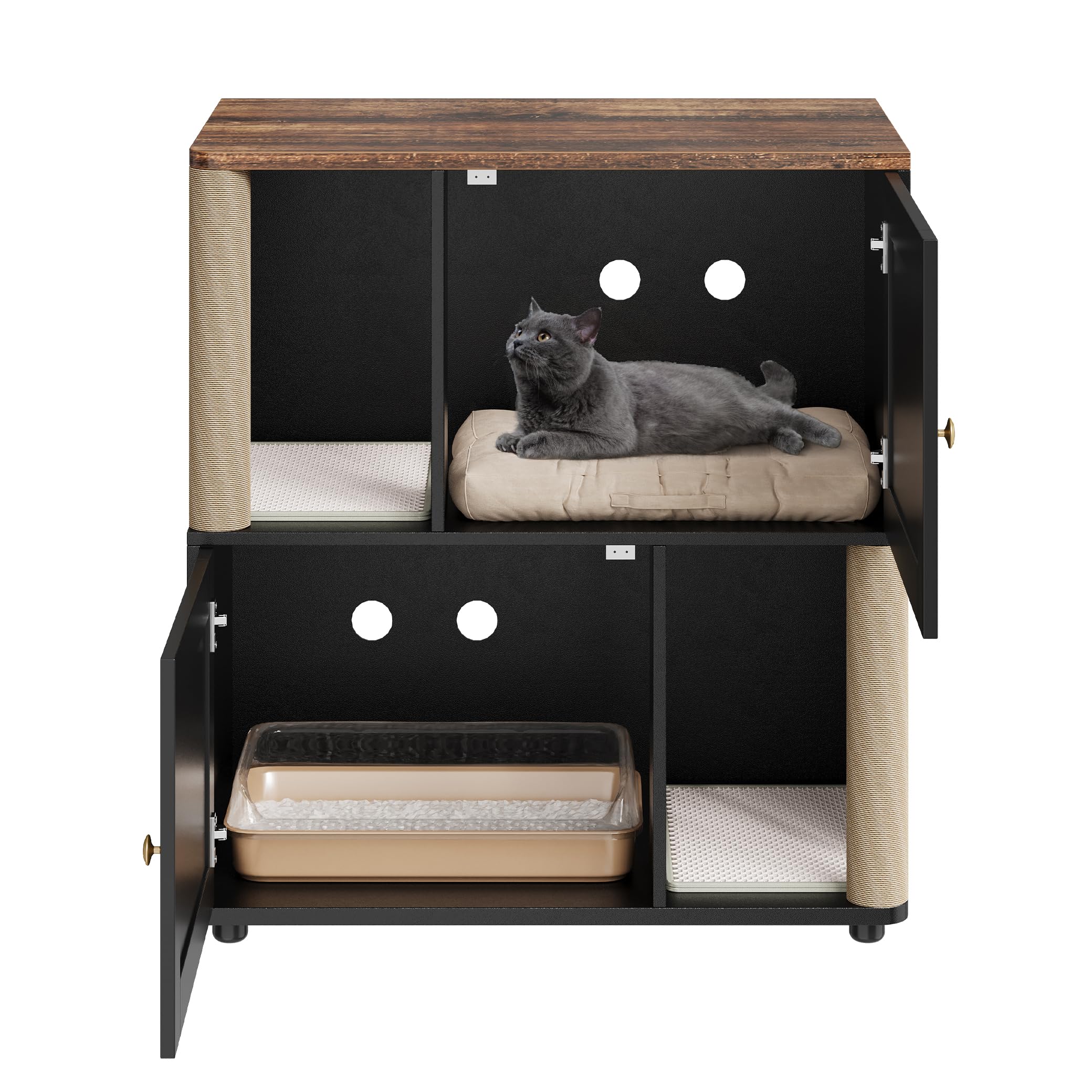 Garvee Armoire d’Angle Double pour litière de Chats – Meuble fermé à 2 Niveaux avec Tapis antidérapants et griffoir – Rangements hygiéniques pour Chats – Bois Noir Basique – Modèle Noir Basique