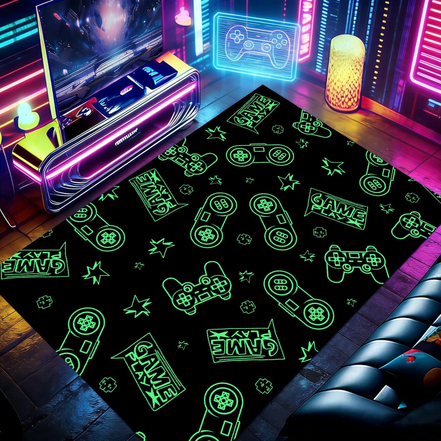 RICAUOU Gaming Area Rug, 60x90cm Green Game Controller Design, Non-Slip Washable Black Rugs for Boys' Game Room Flooring, Soft, Durable, Fade Resistant Carpet for Lounges and Playrooms decorate