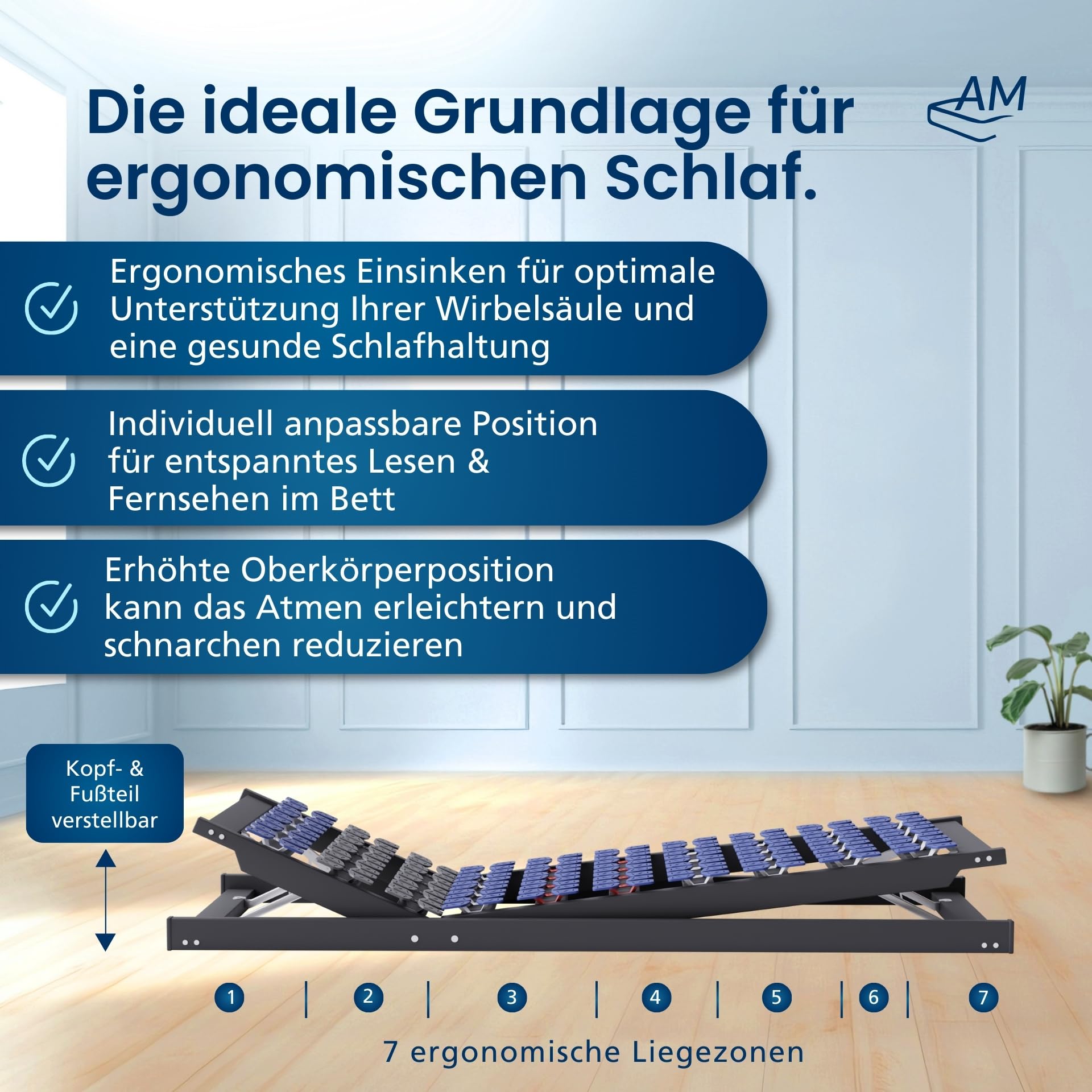 AM Qualitätsmatratzen 7 Zonen Tellerlattenrost 90x200 verstellbar bis 130 kg mit 45 Tellern - Made in Germany - Punktelastisches Tellerlattenrost Kopf und Fußteil verstellbar 90x200