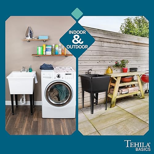 Miniatura 8 de Tehila Basics by JS Jackson Supplies - Fregadero independiente de 21 galones con grifo negro de 2 asas, bañera de plástico resistente con patas