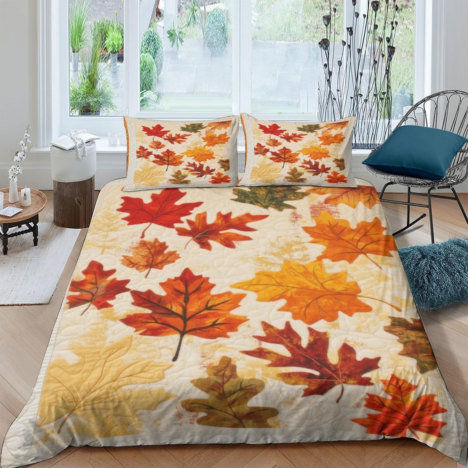 GPLZQXKJNH 3D Printed Autumn Maple Leaves Duvet Cover Microfiber Soft Breathable Fall Forest Bedding Set with 2 Pillowcases for Bedroom Decor Single（135x200cm）