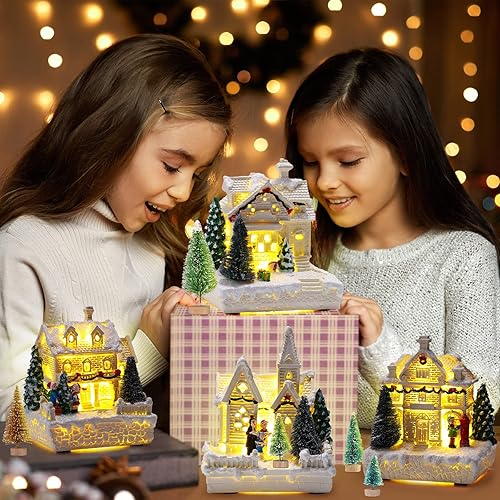 Miniatura 7 de Juego de 15 piezas de accesorios de pueblo de Navidad, 4 casas de pueblo de Navidad iluminadas con LED, 10 árboles esmerilados de 3.5 onzas, nieve