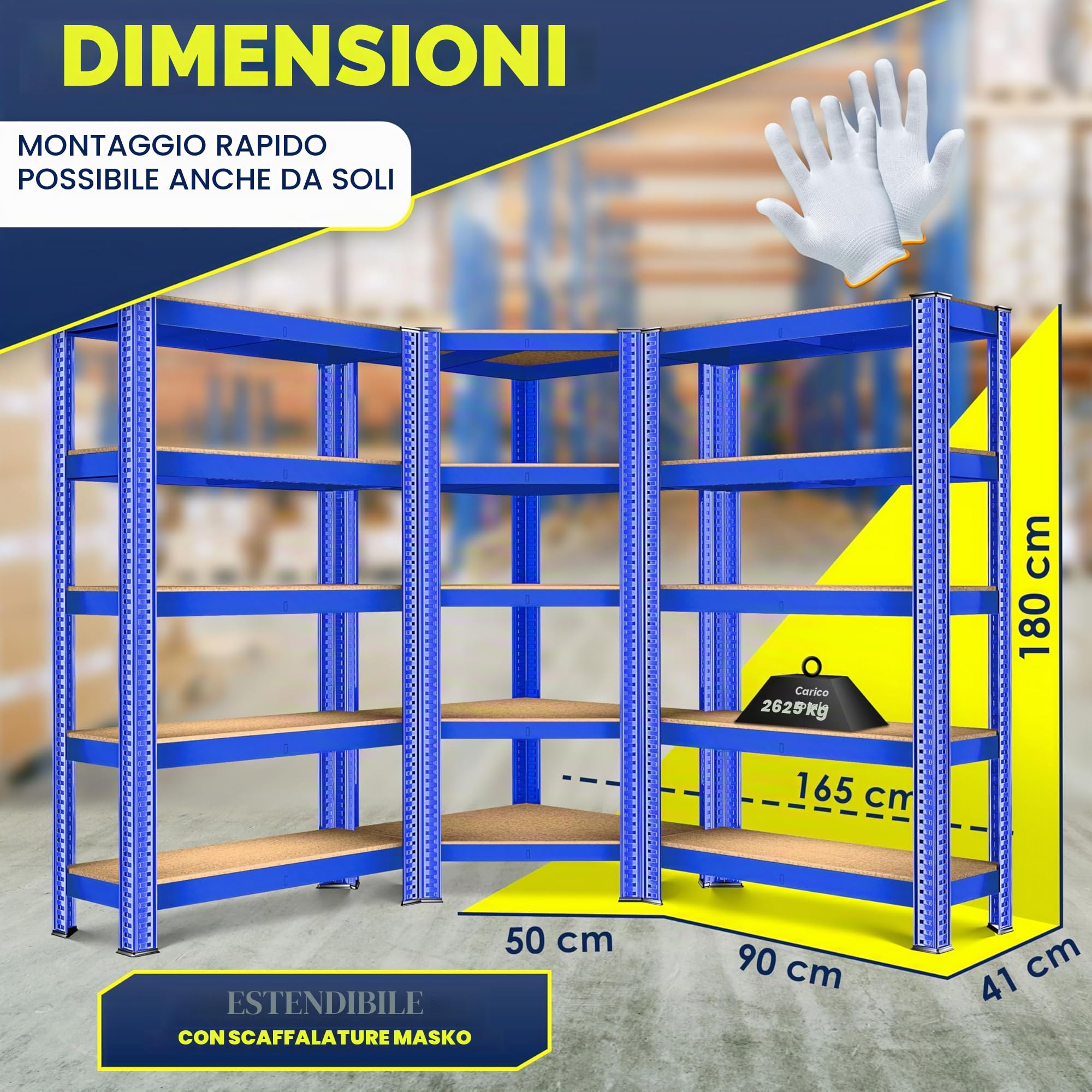 MASKO® Set di 3 sistemi di scaffalature, 1x scaffale angolare e 2X scaffali di stoccaggio - 15 ripiani | Scaffali in MDF 2625 kg Scaffali per officina Scaffali per cantine, Blu
