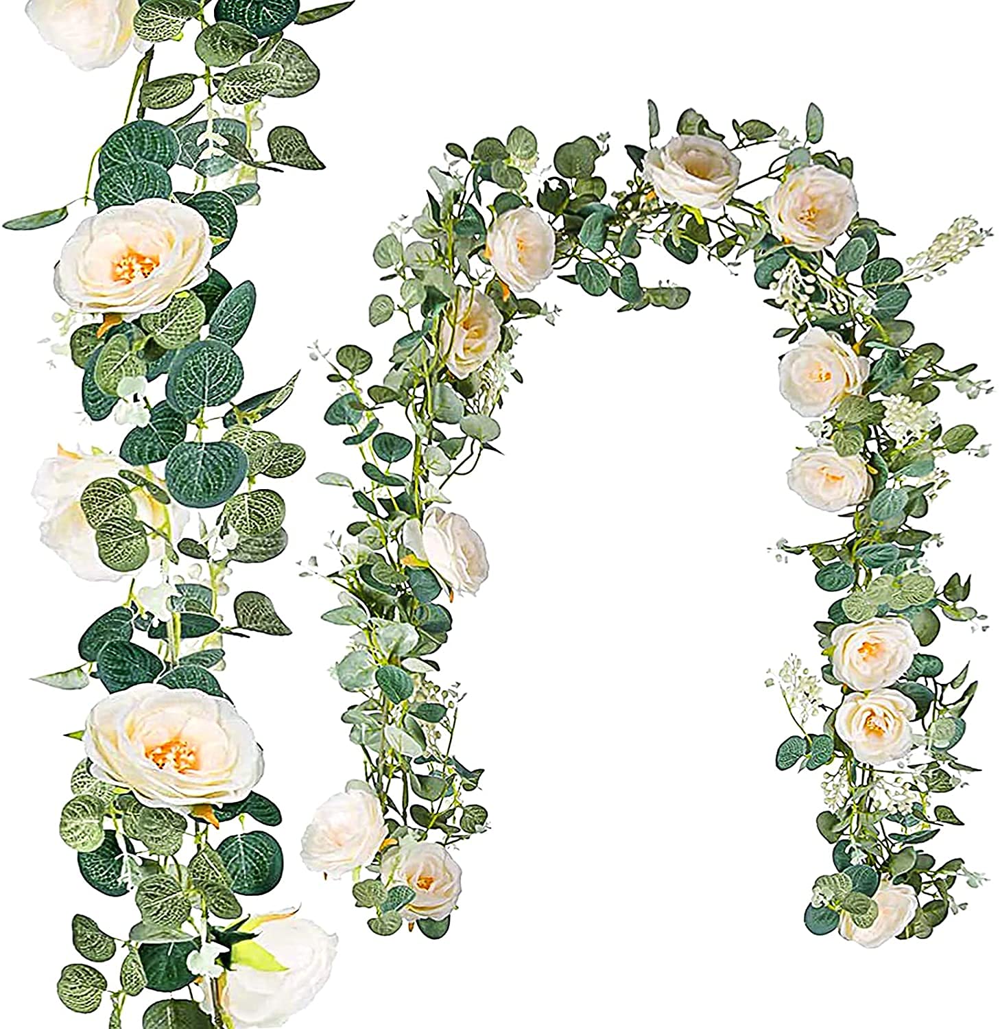 Künstliche Eukalyptus-Girlande mit weißen Rosen-Pfingstrosen-Eukalyptus-Strängen für Hochzeit, Geburtstag, Party, Zuhause, Gartenoration