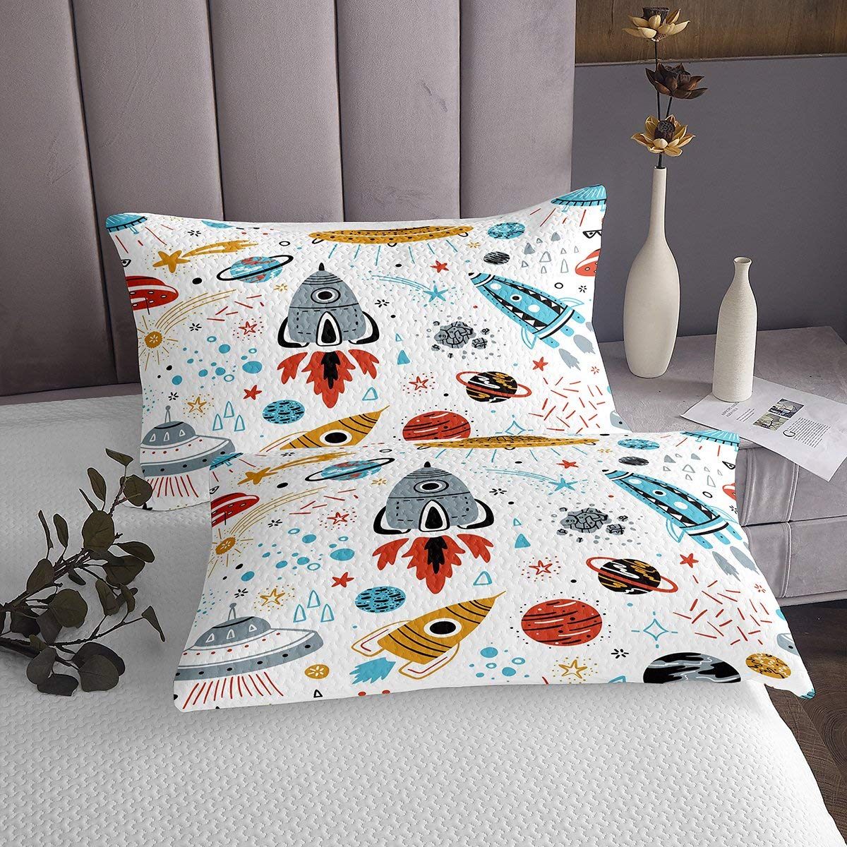 Erosebridal Boy Coverlet Set Twin Size Rocket Quilt Spaceship Bedspread Outer Space Galaxy Stars Planet Bedspread, Cartoon Style Quilt for Living Room Dorm Decorative