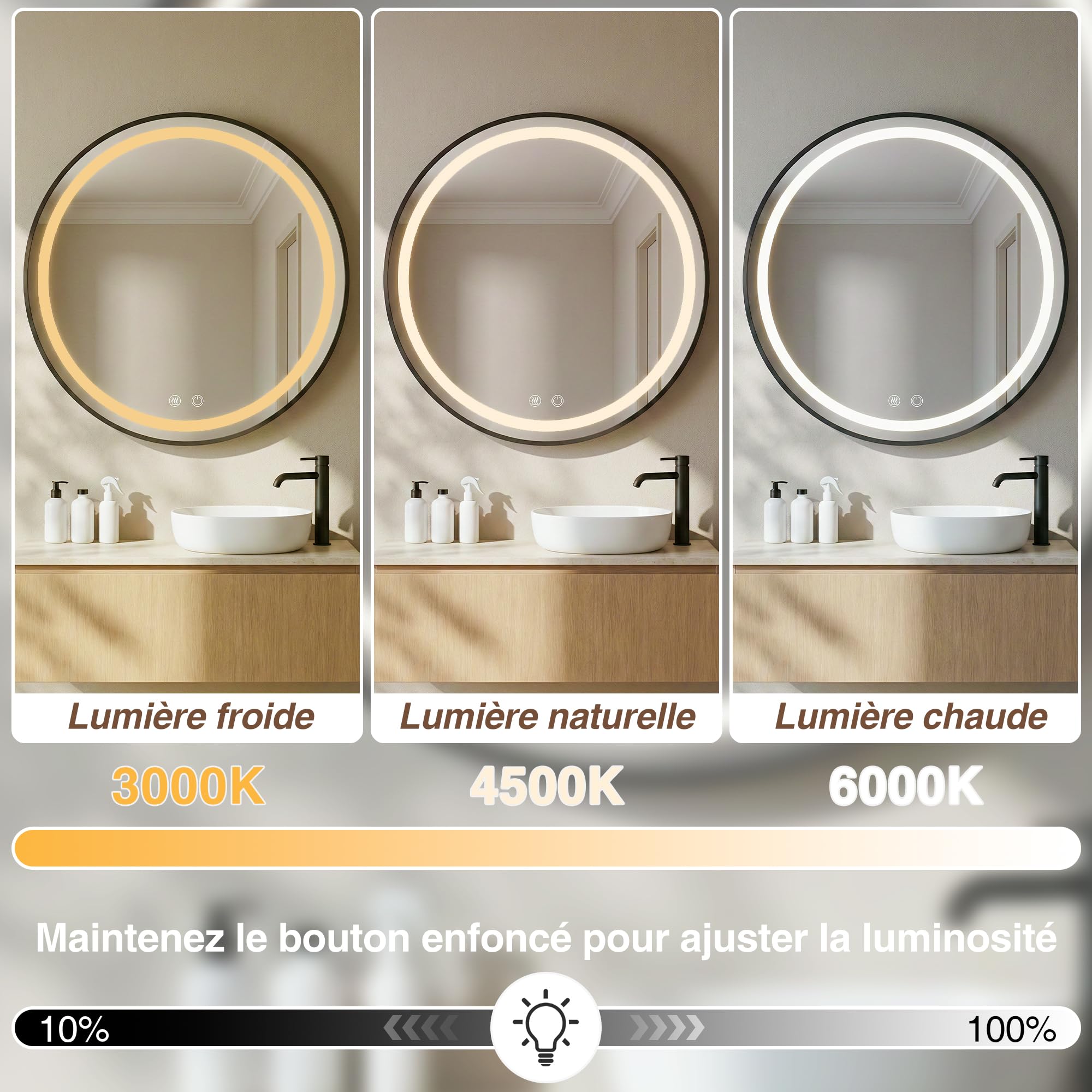 Armoire Miroir Salle de Bain avec Éclairage et Antibuée Murale Ronde Armoire de Toilette avec Miroir et Loupe grossissante 10x Noir 50x50 Meuble Salle de Bain avec Prise (Aucun Assemblage requis)