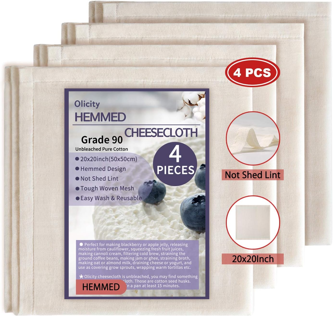 Olicity Cheesecloth, 20x20 Inch, Grade 90 Hemmed Cheese Cloths for