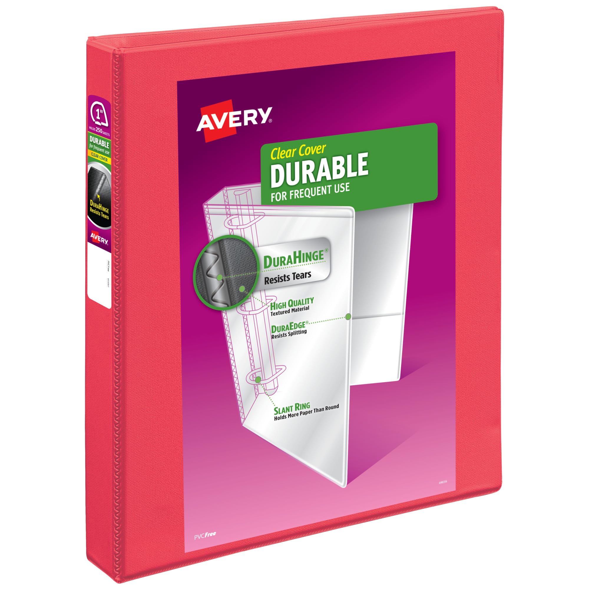 Avery Durable View 3 Ring Binder, 1 Inch Slant Rings, 250-Sheet Capacity, DuraHinge, 1.4 Inch Wide Spine, Customizable Clear Covers and Spine, 1