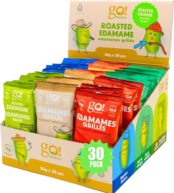 Jimmy Sevigny GoBeanz Crunchy Édamame, lot de variétés, 30 Sacs x 26 gr, 11gr Protéines par portion. Des collations saines à haute teneur en protéines pour adultes & Les enfants, faible calories, faible sucre, snacks savores.