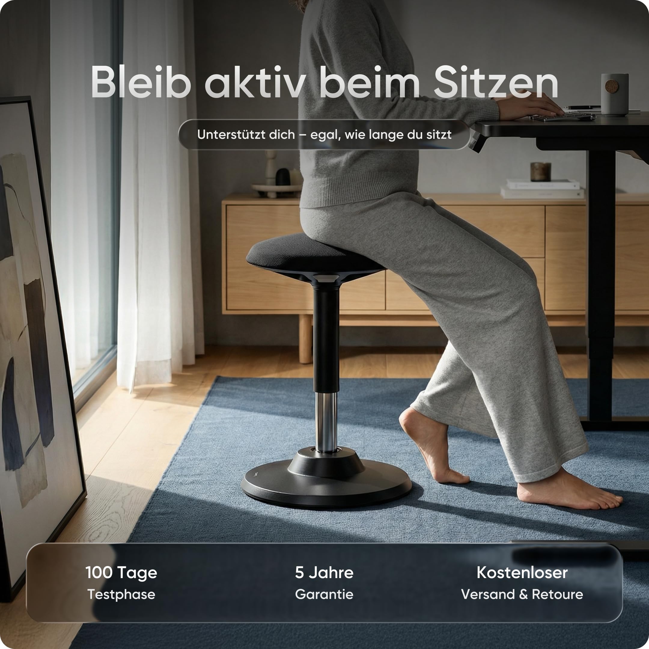Motion Sitzhocker - Stehhocker höhenverstellbar, ergonomischer Hocker bis 140kg mit CushCloud-Polsterung, Gasfeder & 3D-Sitzmechanik, Bürohocker ergonomisch, Wackelhocker Stehstuhl (Schwarz)