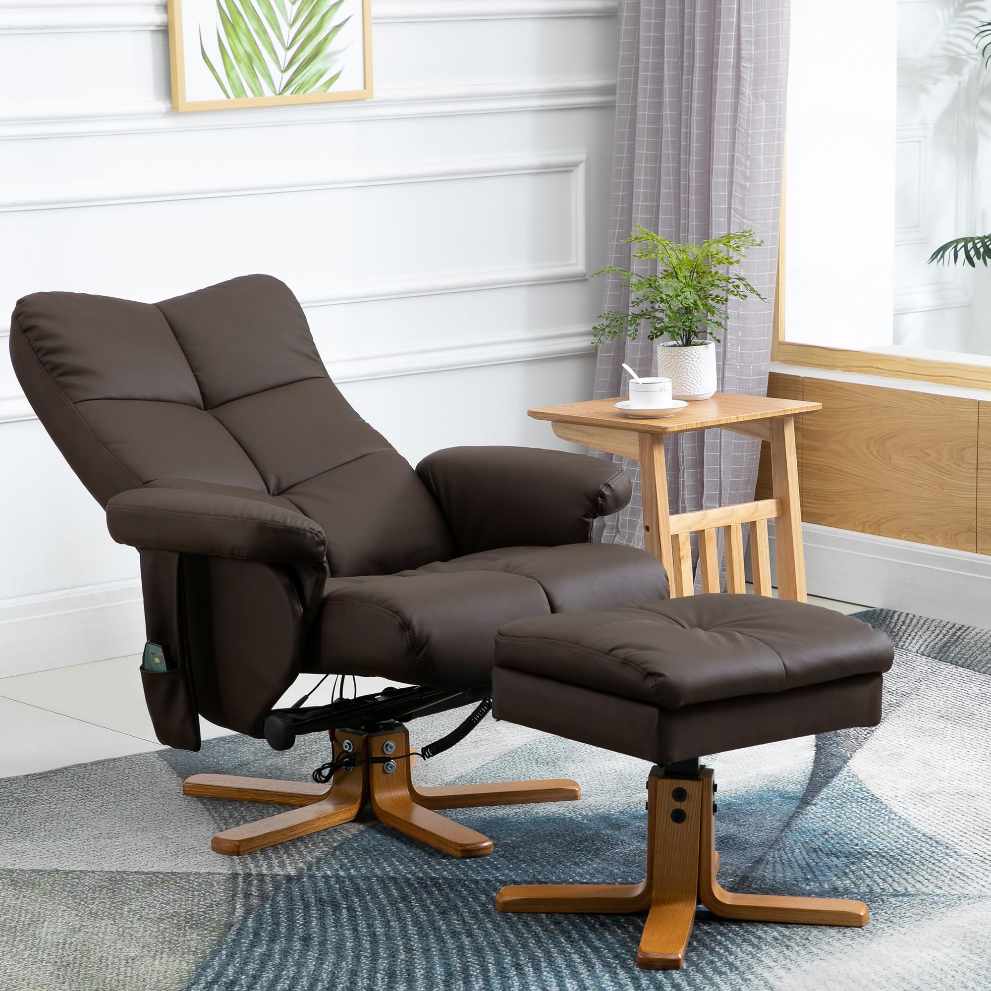 HOMCOM Relaxsessel mit Hocker 360° drehbarer Massagesessel Liegefunktion TV-Sessel Polyester Braun