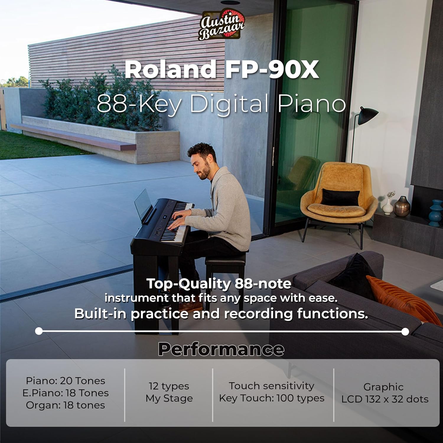 Roland FP-90X 88-Key Digital Piano - Black Bundle with KSC-90 Stand, KPD-90 Three Pedal Unit, Bench, Online Piano Lessons, Instructional DVD, and Austin Bazaar Polishing Cloth