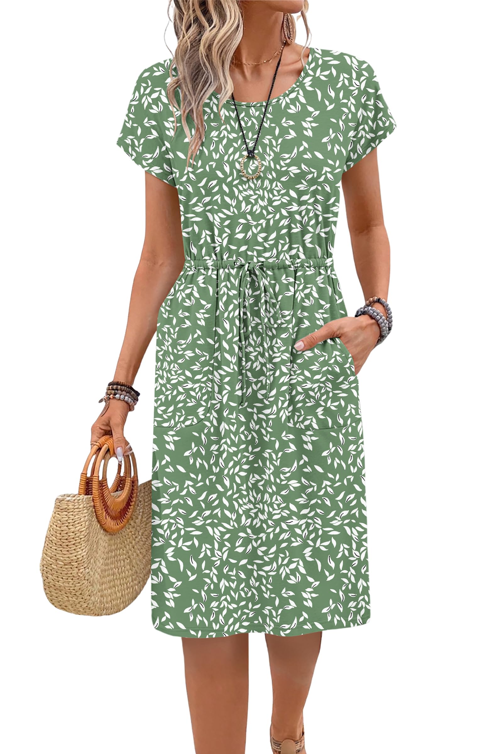 PLOKNRD Damen Sommerkleid Kurzarm Kordelzug Hohe Taille Knielang Kleider Elegant Luftig Strandkleid Midikleid mit Taschen