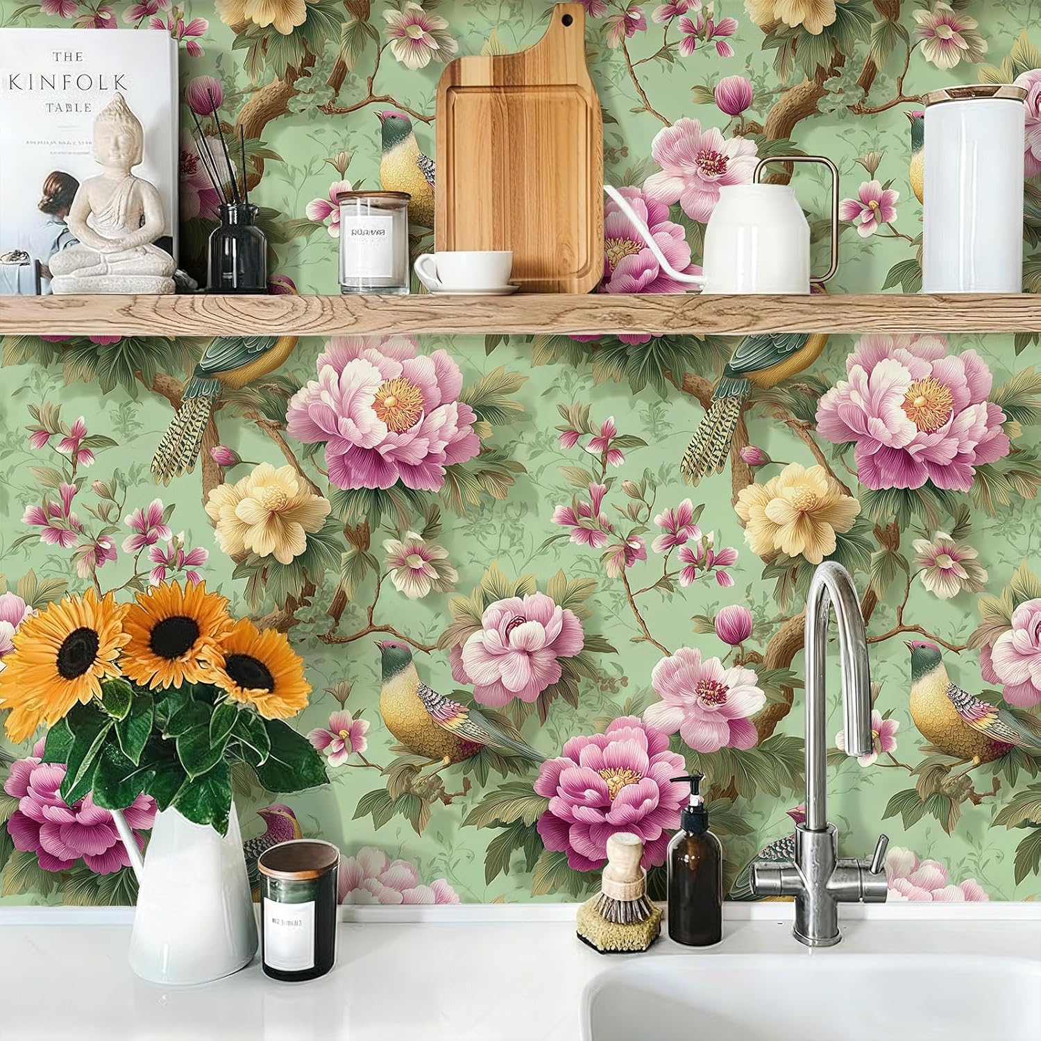 Peel and Stick Green Vintage Bird Wallpaper Moody Vintage Removable Floral Textured 17.7" x 236.22" Wall paper Watercolor Self Adhesive Contact Paper for Classroom Bedroom laundry room bathroom