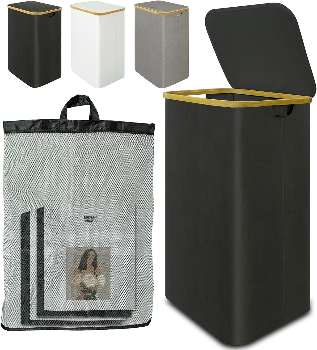 24HOCL Bamboo Laundry Hamper with Lid, 88L Collapsible