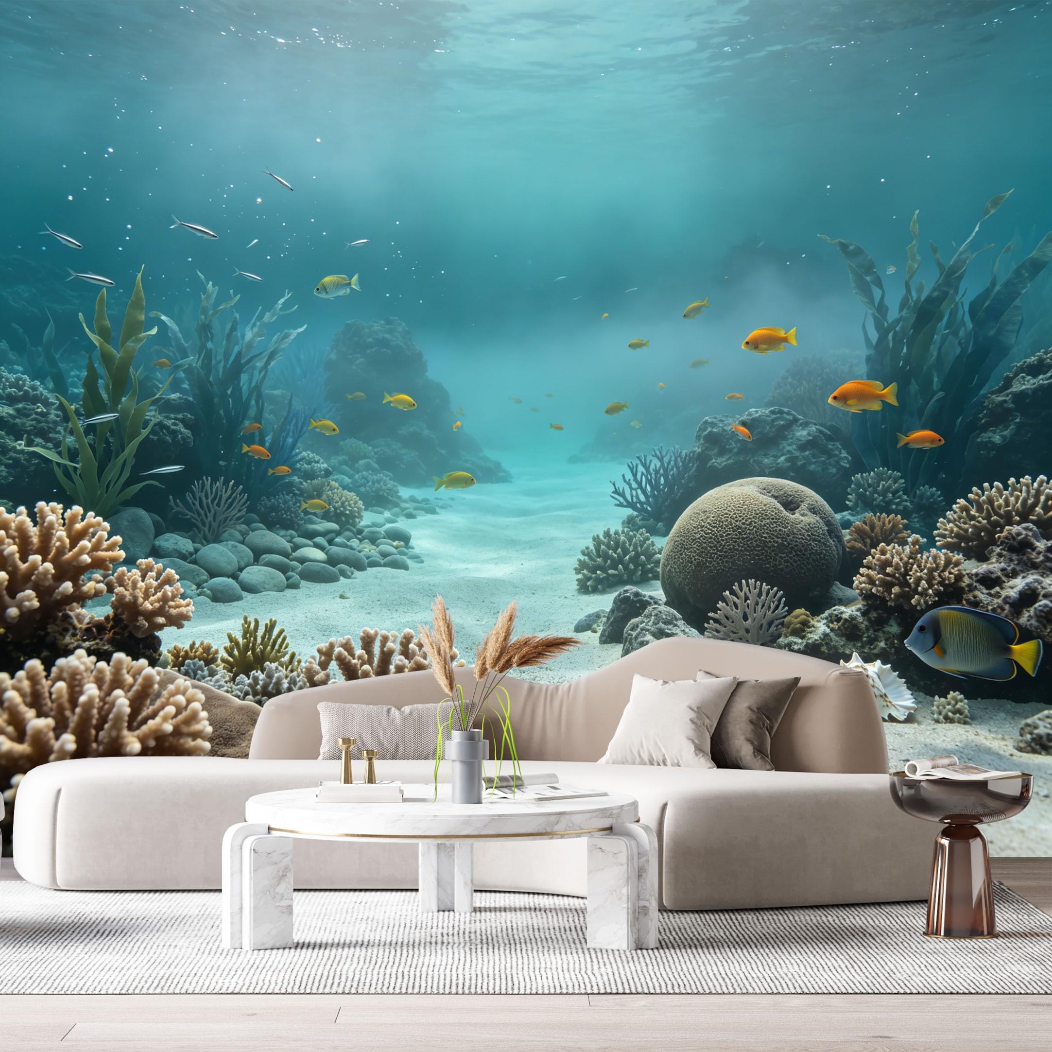 Custom Size Wall Murals Ocean Marine Watercolor Tropical Fish Coral Reef Underwater Scenery SelfAdhesiveWall Fabric Removable Wallpaper Wall Decor for Living Room Bedroom Bathroom