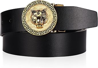 Mens Luxury Gold Tiger Buckle Cowhide Leather Dress Belt fit 44" Adjustable