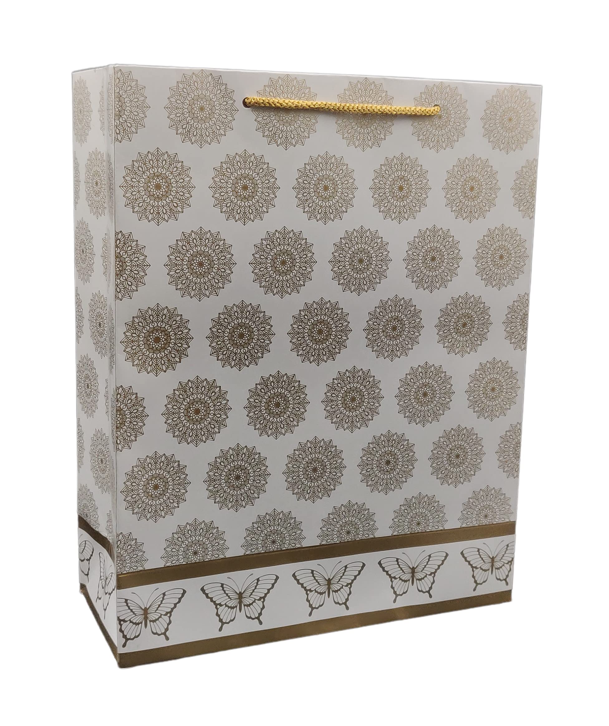 Arrow Paper Products Golden Mylar Round Printed Paper Gift Bags for Baby Shower Return Gift, Small Presents, Weddings, Birthday, Holiday Presents