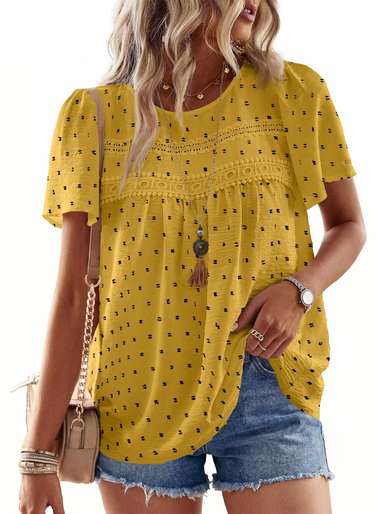 Falechay Womens Summer Tops Flowy Boho Shirts Dressy Casual Short Sleeve
