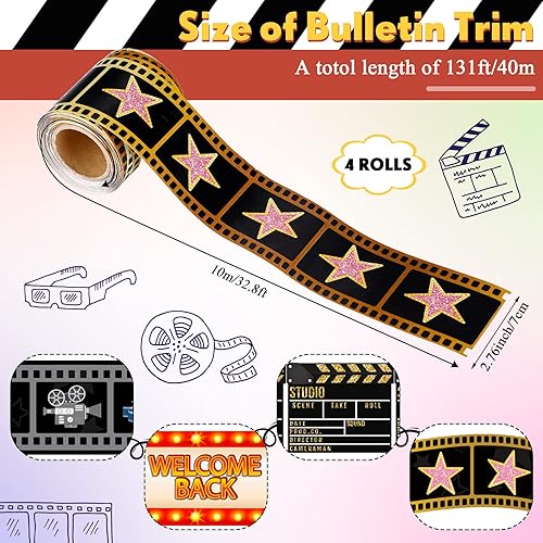 Miniatura 2 de Yexiya 4 rollos de 131 pies para tablón de anuncios de noche de cine, bordes de teatro, carpa roja, carretes de película, decoración para