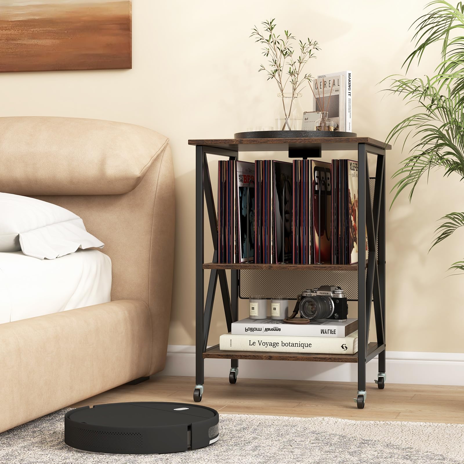 RELAX4LIFE Supporto per Giradischi con Stazione di Ricarica, Porta Vinili a 3 Ripiani con Ruote, Espositore per 250 Album, Carico Max 90kg, per Ufficio, Studio, Camera da Letto (Marrone)